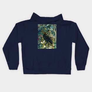 GREENERY, FOREST ANIMALS ,RAVEN ON ACANTHUS LEAVES Blue Green Floral Kids Hoodie